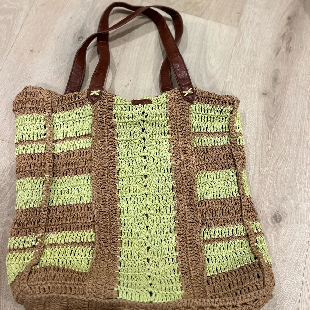O'Neill Tan and Green Crochet Tote Bag